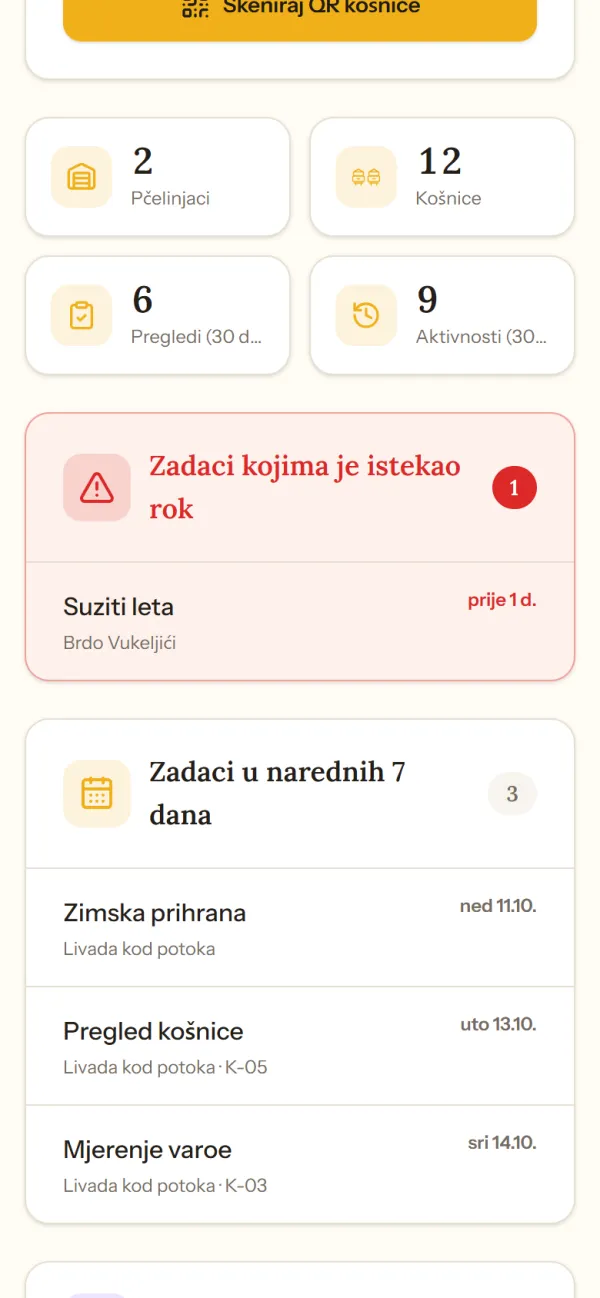 Stranica Moje pčelarstvo sa zakašnjelim zadacima i zadacima u narednih 7 dana