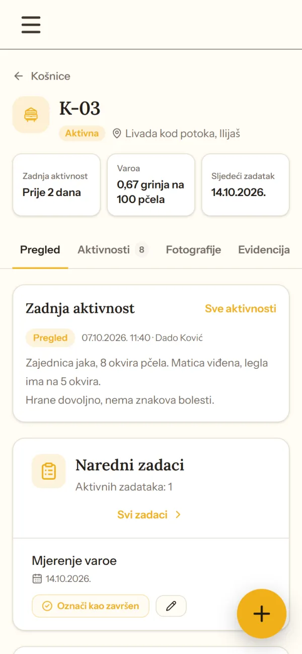 Stranica košnice u aplikaciji APINIS sa zadnjom aktivnošću i zadacima