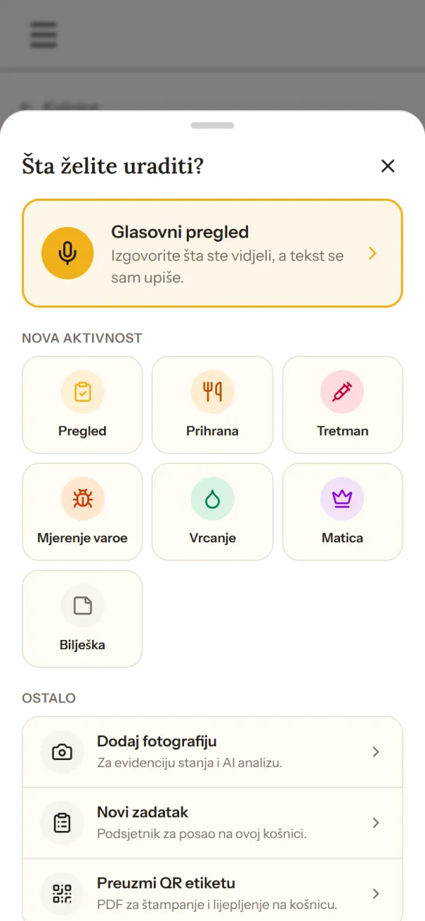 Meni radnji za košnicu sa istaknutim glasovnim pregledom
