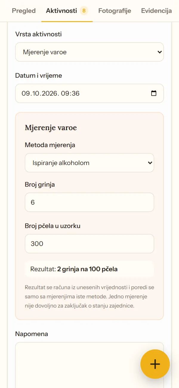 Unos mjerenja varoe sa automatski izračunatim rezultatom
